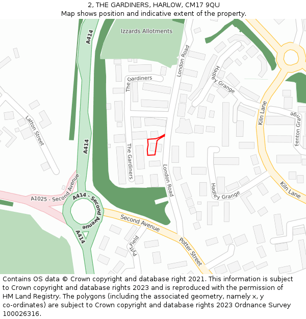 2, THE GARDINERS, HARLOW, CM17 9QU: Location map and indicative extent of plot