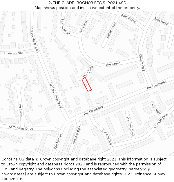 2, THE GLADE, BOGNOR REGIS, PO21 4SD: Location map and indicative extent of plot