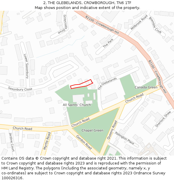 2, THE GLEBELANDS, CROWBOROUGH, TN6 1TF: Location map and indicative extent of plot