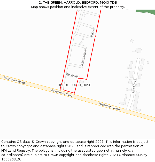 2, THE GREEN, HARROLD, BEDFORD, MK43 7DB: Location map and indicative extent of plot