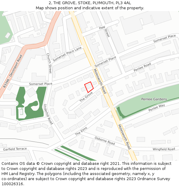 2, THE GROVE, STOKE, PLYMOUTH, PL3 4AL: Location map and indicative extent of plot