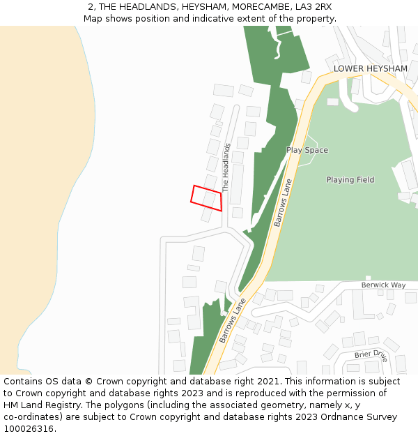 2, THE HEADLANDS, HEYSHAM, MORECAMBE, LA3 2RX: Location map and indicative extent of plot