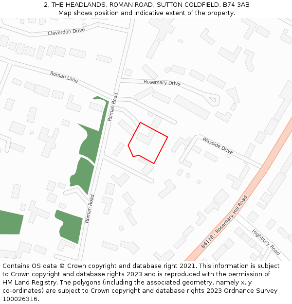 2, THE HEADLANDS, ROMAN ROAD, SUTTON COLDFIELD, B74 3AB: Location map and indicative extent of plot