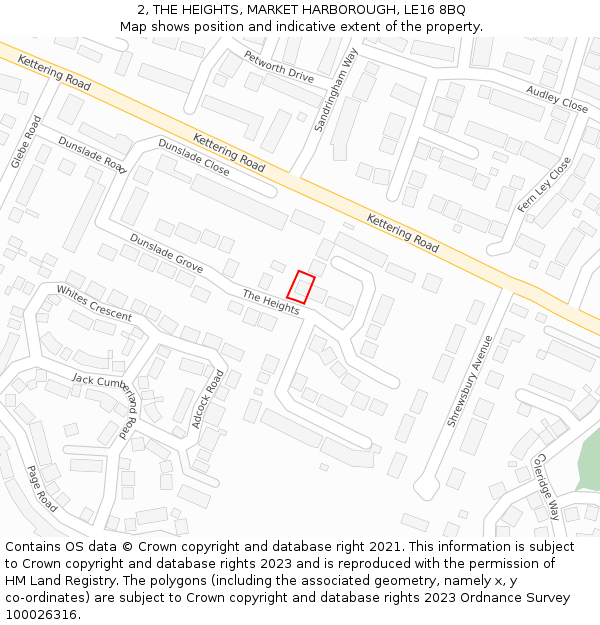 2, THE HEIGHTS, MARKET HARBOROUGH, LE16 8BQ: Location map and indicative extent of plot