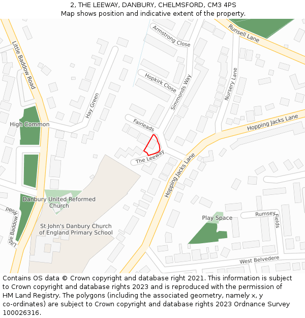 2, THE LEEWAY, DANBURY, CHELMSFORD, CM3 4PS: Location map and indicative extent of plot