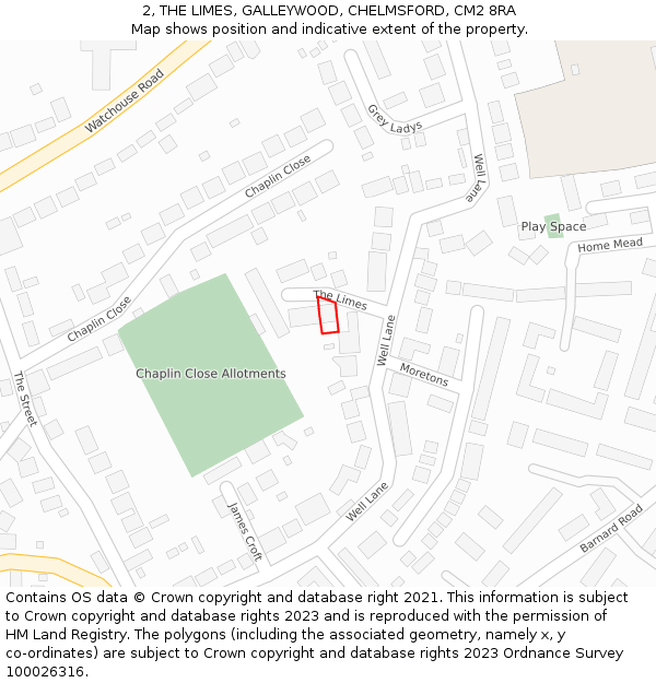 2, THE LIMES, GALLEYWOOD, CHELMSFORD, CM2 8RA: Location map and indicative extent of plot