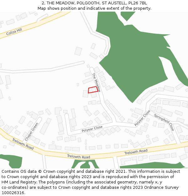 2, THE MEADOW, POLGOOTH, ST AUSTELL, PL26 7BL: Location map and indicative extent of plot