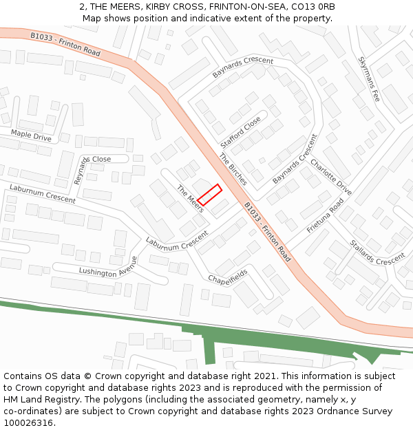 2, THE MEERS, KIRBY CROSS, FRINTON-ON-SEA, CO13 0RB: Location map and indicative extent of plot