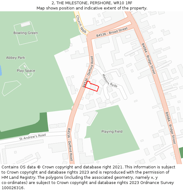 2, THE MILESTONE, PERSHORE, WR10 1RF: Location map and indicative extent of plot