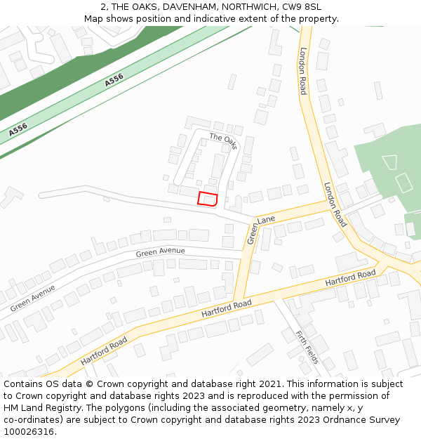 2, THE OAKS, DAVENHAM, NORTHWICH, CW9 8SL: Location map and indicative extent of plot