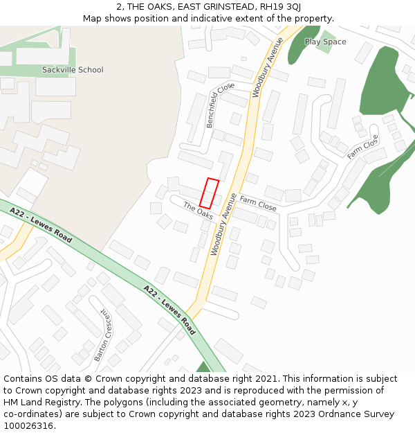 2, THE OAKS, EAST GRINSTEAD, RH19 3QJ: Location map and indicative extent of plot