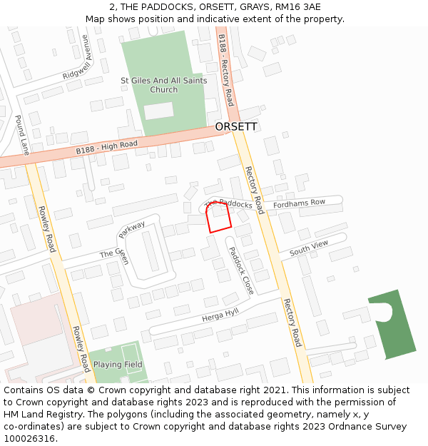 2, THE PADDOCKS, ORSETT, GRAYS, RM16 3AE: Location map and indicative extent of plot
