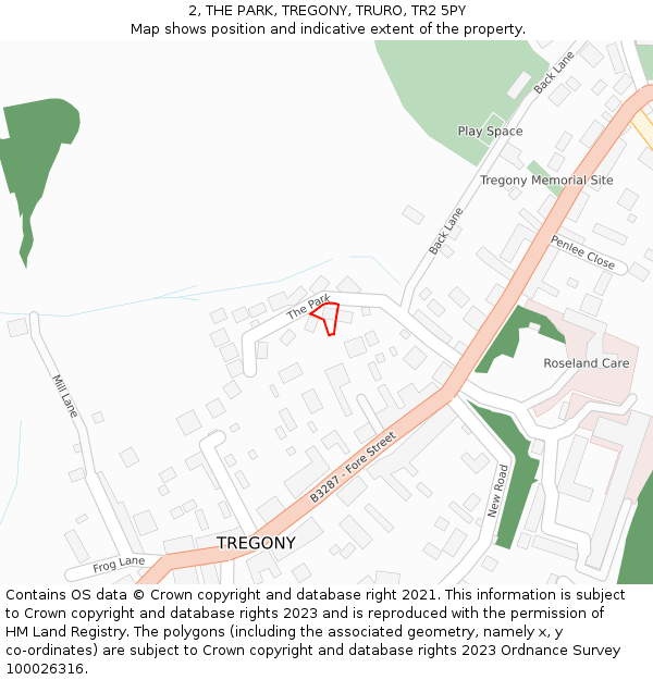 2, THE PARK, TREGONY, TRURO, TR2 5PY: Location map and indicative extent of plot