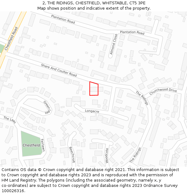 2, THE RIDINGS, CHESTFIELD, WHITSTABLE, CT5 3PE: Location map and indicative extent of plot