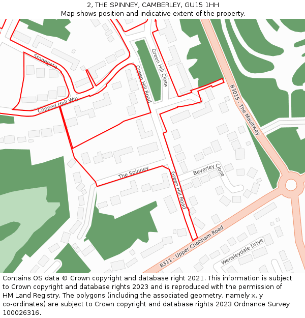 2, THE SPINNEY, CAMBERLEY, GU15 1HH: Location map and indicative extent of plot