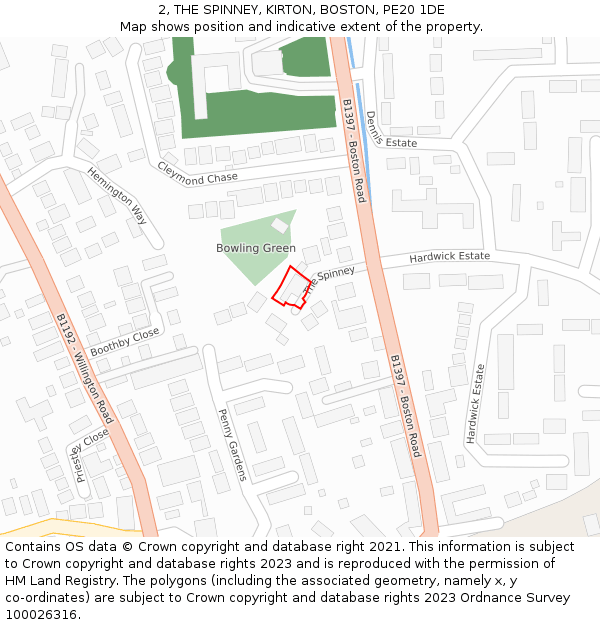 2, THE SPINNEY, KIRTON, BOSTON, PE20 1DE: Location map and indicative extent of plot