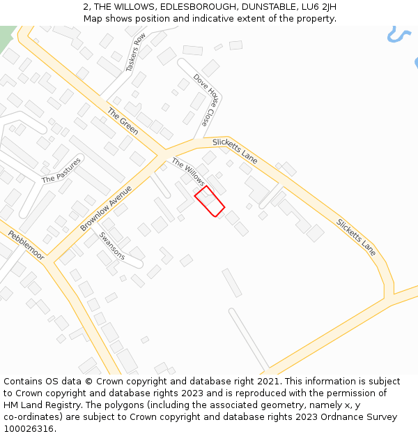 2, THE WILLOWS, EDLESBOROUGH, DUNSTABLE, LU6 2JH: Location map and indicative extent of plot