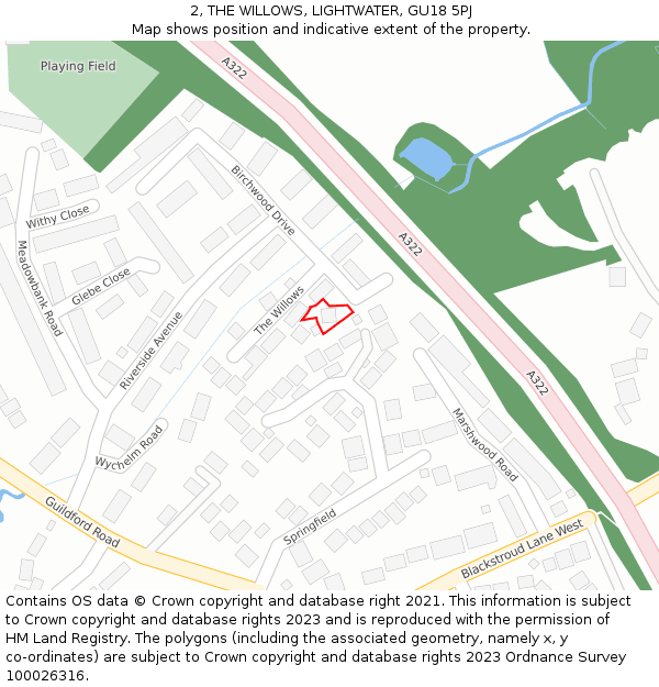 2, THE WILLOWS, LIGHTWATER, GU18 5PJ: Location map and indicative extent of plot