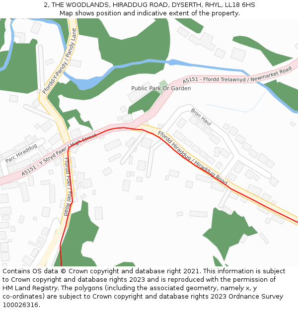 2, THE WOODLANDS, HIRADDUG ROAD, DYSERTH, RHYL, LL18 6HS: Location map and indicative extent of plot