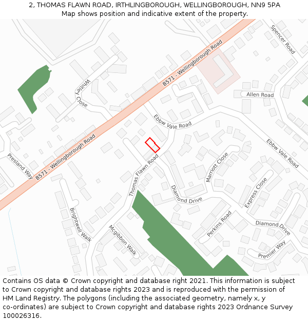 2, THOMAS FLAWN ROAD, IRTHLINGBOROUGH, WELLINGBOROUGH, NN9 5PA: Location map and indicative extent of plot