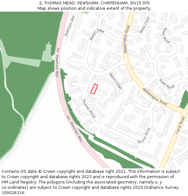2, THOMAS MEAD, PEWSHAM, CHIPPENHAM, SN15 3YS: Location map and indicative extent of plot
