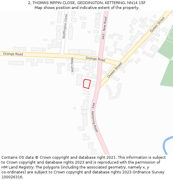 2, THOMAS RIPPIN CLOSE, GEDDINGTON, KETTERING, NN14 1SF: Location map and indicative extent of plot