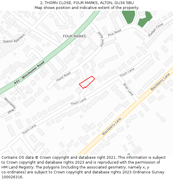 2, THORN CLOSE, FOUR MARKS, ALTON, GU34 5BU: Location map and indicative extent of plot