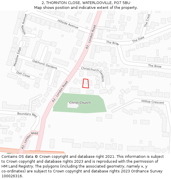 2, THORNTON CLOSE, WATERLOOVILLE, PO7 5BU: Location map and indicative extent of plot