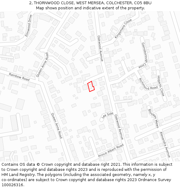 2, THORNWOOD CLOSE, WEST MERSEA, COLCHESTER, CO5 8BU: Location map and indicative extent of plot