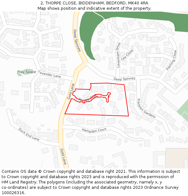 2, THORPE CLOSE, BIDDENHAM, BEDFORD, MK40 4RA: Location map and indicative extent of plot