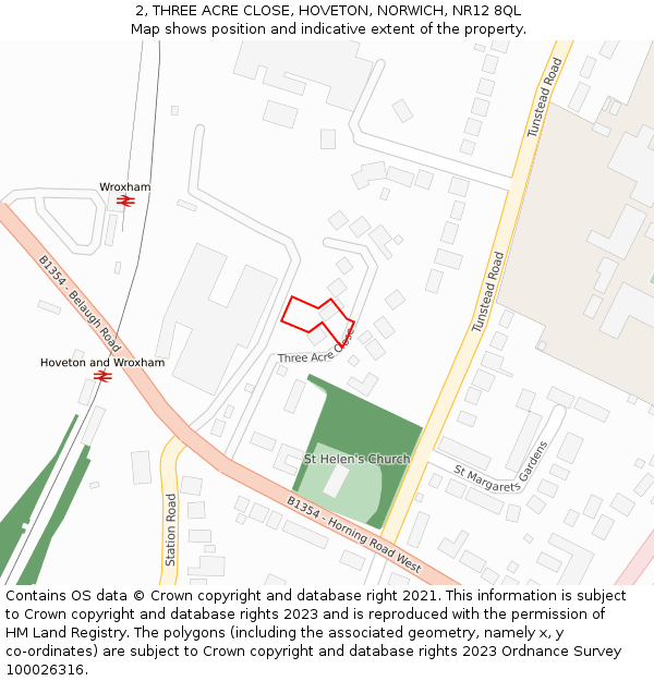 2, THREE ACRE CLOSE, HOVETON, NORWICH, NR12 8QL: Location map and indicative extent of plot