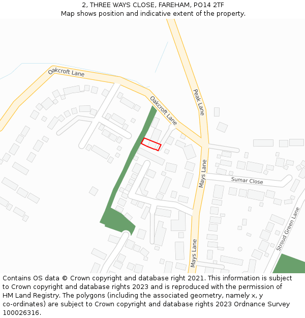 2, THREE WAYS CLOSE, FAREHAM, PO14 2TF: Location map and indicative extent of plot