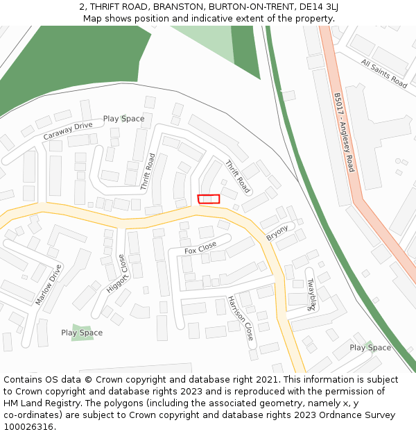 2, THRIFT ROAD, BRANSTON, BURTON-ON-TRENT, DE14 3LJ: Location map and indicative extent of plot