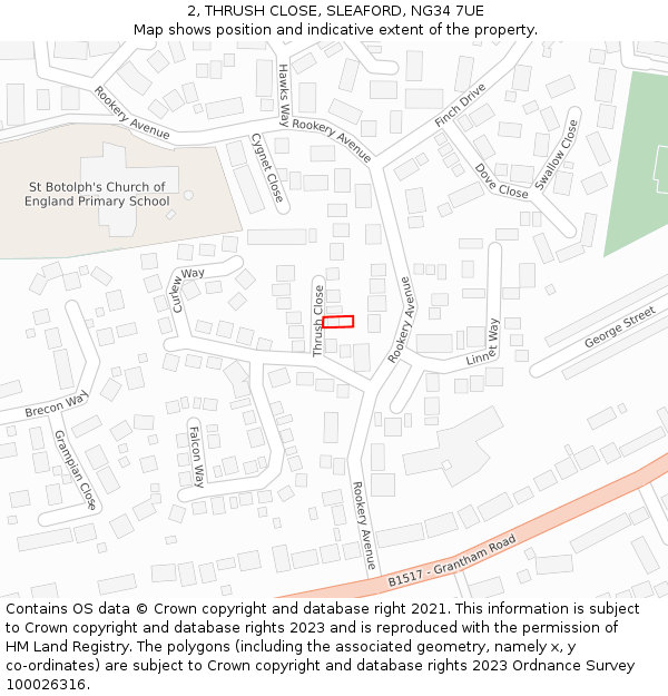 2, THRUSH CLOSE, SLEAFORD, NG34 7UE: Location map and indicative extent of plot