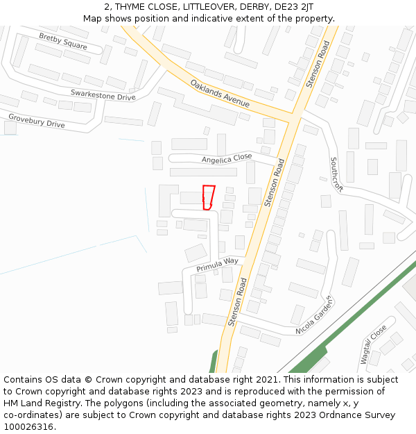 2, THYME CLOSE, LITTLEOVER, DERBY, DE23 2JT: Location map and indicative extent of plot