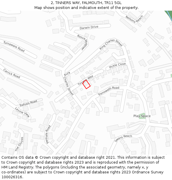 2, TINNERS WAY, FALMOUTH, TR11 5GL: Location map and indicative extent of plot