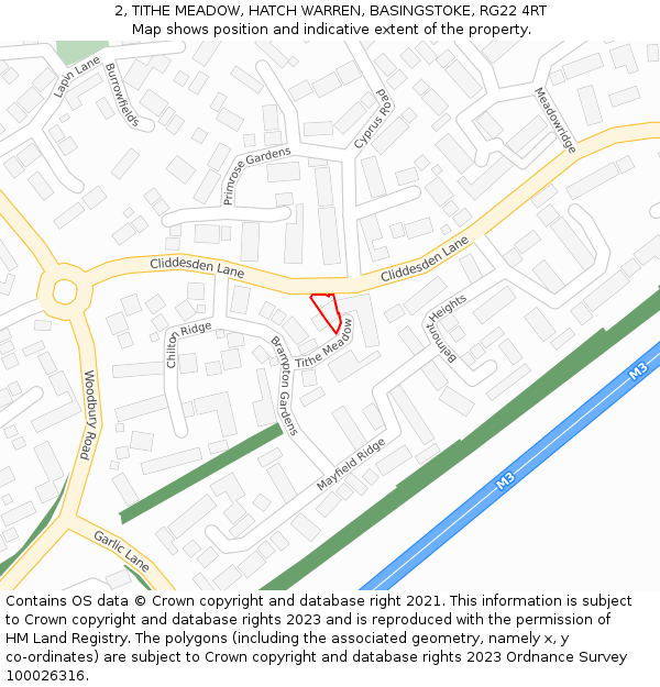 2, TITHE MEADOW, HATCH WARREN, BASINGSTOKE, RG22 4RT: Location map and indicative extent of plot