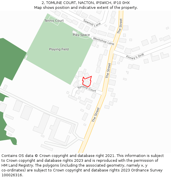 2, TOMLINE COURT, NACTON, IPSWICH, IP10 0HX: Location map and indicative extent of plot