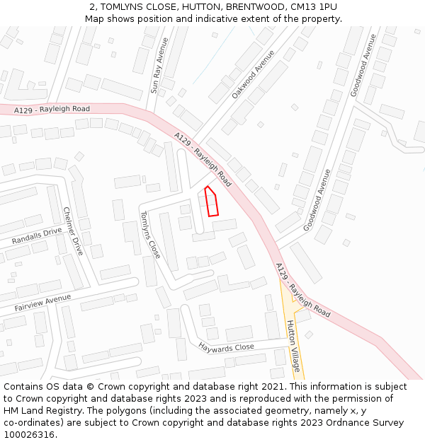 2, TOMLYNS CLOSE, HUTTON, BRENTWOOD, CM13 1PU: Location map and indicative extent of plot