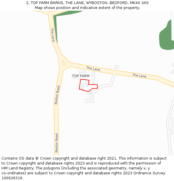 2, TOP FARM BARNS, THE LANE, WYBOSTON, BEDFORD, MK44 3AS: Location map and indicative extent of plot