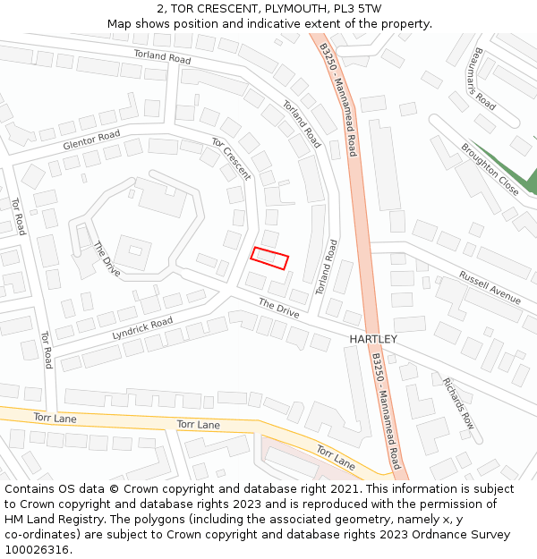 2, TOR CRESCENT, PLYMOUTH, PL3 5TW: Location map and indicative extent of plot