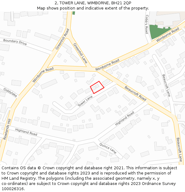 2, TOWER LANE, WIMBORNE, BH21 2QP: Location map and indicative extent of plot