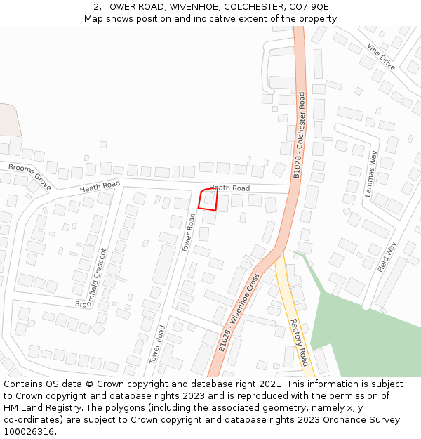 2, TOWER ROAD, WIVENHOE, COLCHESTER, CO7 9QE: Location map and indicative extent of plot