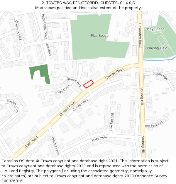 2, TOWERS WAY, PENYFFORDD, CHESTER, CH4 0JS: Location map and indicative extent of plot