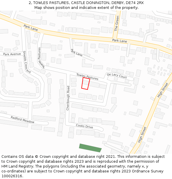 2, TOWLES PASTURES, CASTLE DONINGTON, DERBY, DE74 2RX: Location map and indicative extent of plot