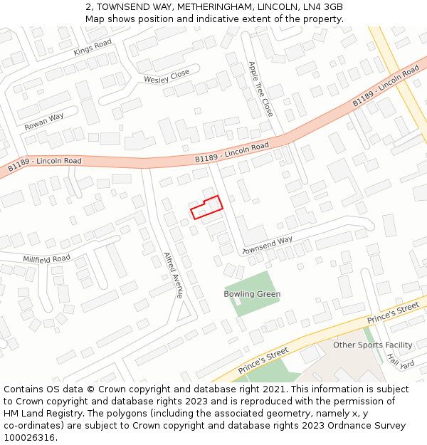 2, TOWNSEND WAY, METHERINGHAM, LINCOLN, LN4 3GB: Location map and indicative extent of plot
