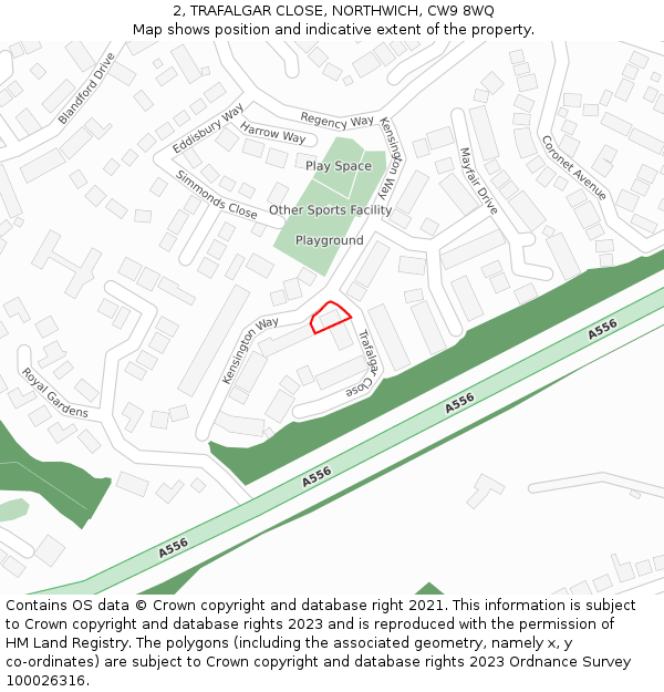 2, TRAFALGAR CLOSE, NORTHWICH, CW9 8WQ: Location map and indicative extent of plot