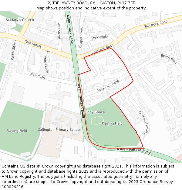 2, TRELAWNEY ROAD, CALLINGTON, PL17 7EE: Location map and indicative extent of plot
