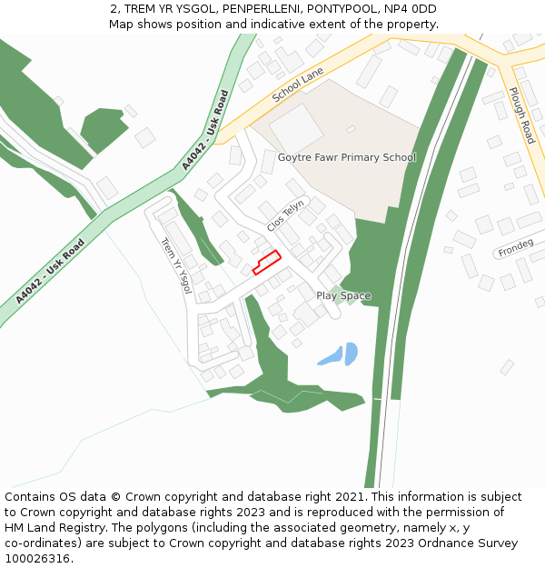 2, TREM YR YSGOL, PENPERLLENI, PONTYPOOL, NP4 0DD: Location map and indicative extent of plot