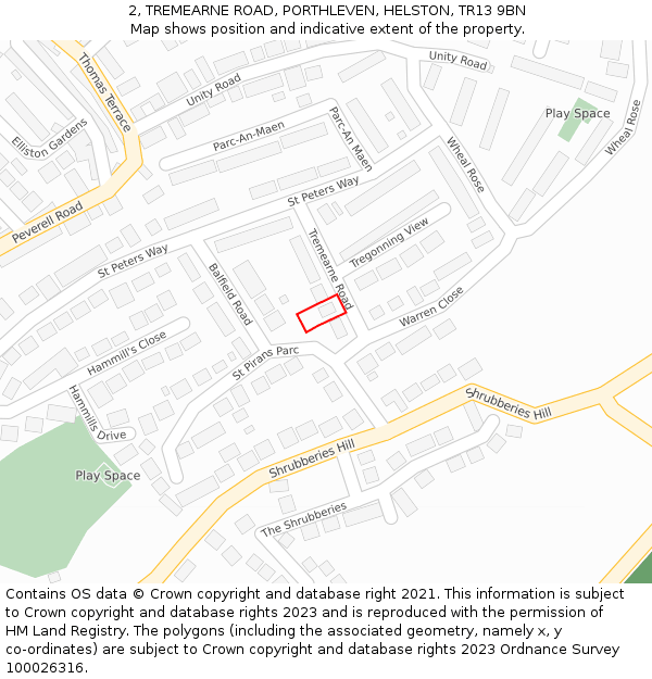 2, TREMEARNE ROAD, PORTHLEVEN, HELSTON, TR13 9BN: Location map and indicative extent of plot